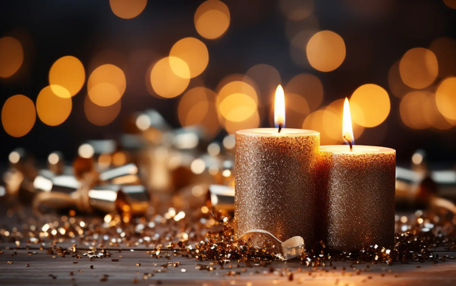 goldene Kerzen und Konfetti auf Holztischplatte mit goldenem Bokeh-Hintergrund
